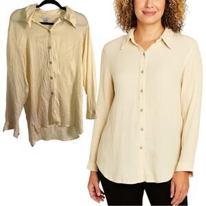 Anne Carson Vintage Light Cream Crinkled Silk Button-Down Shirt M